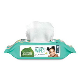Seventh Generation SEV34208CT Free and Clear Baby Wipes, 7 x 7, Unscented, White, 64/Flip Top Pack, 12 Packs/Carton