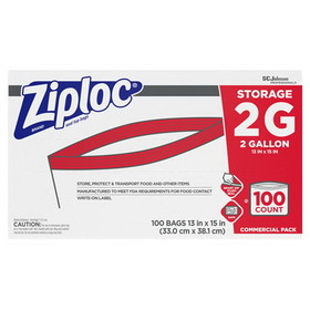 Ziploc 682253 Double Zipper Storage Bags, 2 gal, 1.75 mil, 15" x 13", Clear, 100/Carton