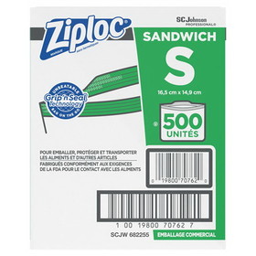 Ziploc SJN682255 Resealable Sandwich Bags, 6.5" x 6", Clear, 500/Box