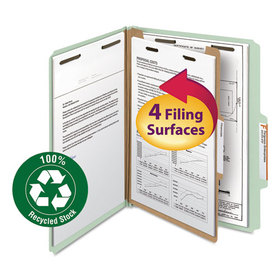 Smead SMD13723 Recycled Pressboard Classification Folders, 2" Expansion, 1 Divider, 4 Fasteners, Letter Size, Gray-Green, 10/Box