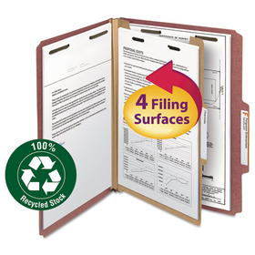 Smead SMD13724 Recycled Pressboard Classification Folders, 2" Expansion, 1 Divider, 4 Fasteners, Letter Size, Red Exterior, 10/Box