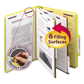 Smead SMD14034 Six-Section Pressboard Top Tab Classification Folders, Six SafeSHIELD Fasteners, 2 Dividers, Letter Size, Yellow, 10/Box