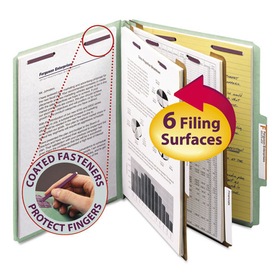 Smead SMD14076 Pressboard Classification Folders, Six SafeSHIELD Fasteners, 2/5-Cut Tabs, 2 Dividers, Letter Size, Gray-Green, 10/Box