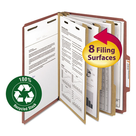 Smead SMD14099 Recycled Pressboard Classification Folders, 3" Expansion, 3 Dividers, 8 Fasteners, Letter Size, Red Exterior, 10/Box