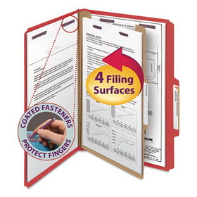 Smead 18731 Four-Section Pressboard Top Tab Classification Folders with SafeSHIELD Fasteners, 1 Divider, Legal Size, Bright Red, 10/Box
