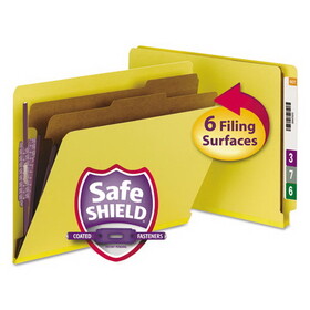 Smead SMD26789 End Tab Pressboard Classification Folders, Six SafeSHIELD Fasteners, 2" Expansion, 2 Dividers, Letter Size, Yellow, 10/Box