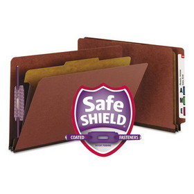 Smead SMD29855 End Tab Pressboard Classification Folders, Four SafeSHIELD Fasteners, 2" Expansion, 1 Divider, Legal Size, Red, 10/Box