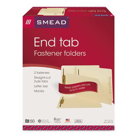 Smead SMD34115 End Tab Fastener Folders with Reinforced Straight Tabs, 11-pt Manila, 2 Fasteners, Letter Size, Manila Exterior, 50/Box