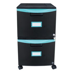 Storex STX61315U01C Two-Drawer Mobile Filing Cabinet, 2 Legal/Letter-Size File Drawers, Black/Teal, 14.75" x 18.25" x 26"