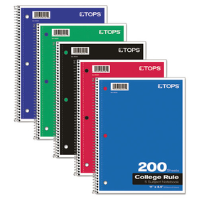 Tops TOP65581 Coil-Lock Wirebound Notebook, 3-Hole Punched, 5-Subject, Medium/College Rule, Randomly Assorted Covers, (200) 11 x 8.5 Sheets