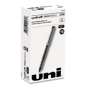 uni-ball 1734903 VISION Needle Stick Roller Ball Pen, Fine 0.7mm, Black Ink, Silver Barrel, Dozen