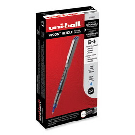 uni-ball UBC1734904 VISION Needle Roller Ball Pen, Stick, Fine 0.7 mm, Blue Ink, Gray/Clear/Blue Barrel, Dozen