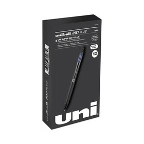 uniball UBC70463 207 Plus+ Gel Pen, Retractable, Medium 0.7 mm, Blue Ink, Black Barrel, Dozen