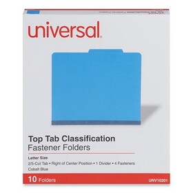 Universal UNV10201 Bright Colored Pressboard Classification Folders, 2" Expansion, 1 Divider, 4 Fasteners, Letter Size, Cobalt Blue, 10/Box
