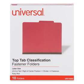 Universal UNV10203 Bright Colored Pressboard Classification Folders, 2" Expansion, 1 Divider, 4 Fasteners, Letter Size, Ruby Red, 10/Box