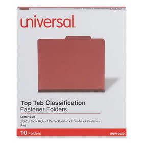 Universal UNV10250 Four-Section Pressboard Classification Folders, 2" Expansion, 1 Divider, 4 Fasteners, Letter Size, Red Exterior, 10/Box