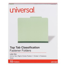 Universal UNV10251 Four-Section Pressboard Classification Folders, 2" Expansion, 1 Divider, 4 Fasteners, Letter Size, Green Exterior, 10/Box