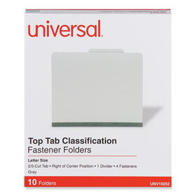 Universal UNV10252 Four-Section Pressboard Classification Folders, 2" Expansion, 1 Divider, 4 Fasteners, Letter Size, Gray Exterior, 10/Box