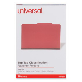 Universal UNV10260 Four-Section Pressboard Classification Folders, 2" Expansion, 1 Divider, 4 Fasteners, Legal Size, Red Exterior, 10/Box