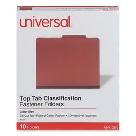Universal UNV10270 Six-Section Pressboard Classification Folders, 2" Expansion, 2 Dividers, 6 Fasteners, Letter Size, Red Exterior, 10/Box