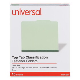 Universal UNV10271 Six-Section Pressboard Classification Folders, 2" Expansion, 2 Dividers, 6 Fasteners, Letter Size, Green Exterior, 10/Box