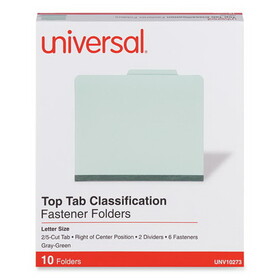 Universal UNV10273 Six-Section Pressboard Classification Folders, 2" Expansion, 2 Dividers, 6 Fasteners, Letter Size, Gray-Green, 10/Box