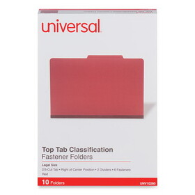 Universal UNV10280 Six-Section Pressboard Classification Folders, 2" Expansion, 2 Dividers, 6 Fasteners, Legal Size, Red Exterior, 10/Box