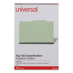 Universal UNV10281 Six-Section Pressboard Classification Folders, 2" Expansion, 2 Dividers, 6 Fasteners, Legal Size, Green Exterior, 10/Box