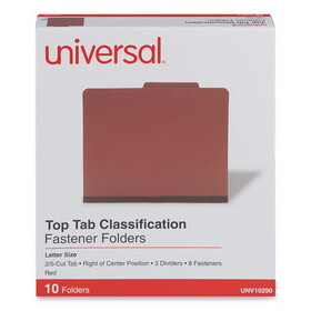Universal UNV10290 Eight-Section Pressboard Classification Folders, 3" Expansion, 3 Dividers, 8 Fasteners, Letter Size, Red Exterior, 10/Box