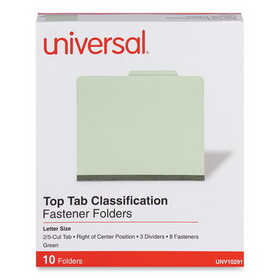 Universal UNV10291 Eight-Section Pressboard Classification Folders, 3" Expansion, 3 Dividers, 8 Fasteners, Letter Size, Green Exterior, 10/Box