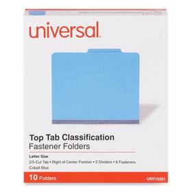 Universal UNV10301 Bright Colored Pressboard Classification Folders, 2" Expansion, 2 Dividers, 6 Fasteners, Letter Size, Cobalt Blue, 10/Box