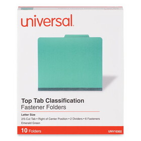 Universal UNV10302 Bright Colored Pressboard Classification Folders, 2" Expansion, 2 Dividers, 6 Fasteners, Letter Size, Emerald Green, 10/Box
