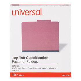 Universal UNV10303 Bright Colored Pressboard Classification Folders, 2" Expansion, 2 Dividers, 6 Fasteners, Letter Size, Ruby Red, 10/Box