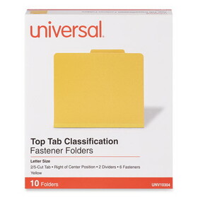 Universal UNV10304 Bright Colored Pressboard Classification Folders, 2" Expansion, 2 Dividers, 6 Fasteners, Letter Size, Yellow Exterior, 10/Box