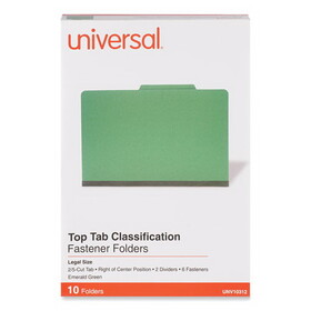 Universal UNV10312 Bright Colored Pressboard Classification Folders, 2" Expansion, 2 Dividers, 6 Fasteners, Legal Size, Emerald Green, 10/Box