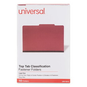 Universal UNV10313 Bright Colored Pressboard Classification Folders, 2" Expansion, 2 Dividers, 6 Fasteners, Legal Size, Ruby Red, 10/Box