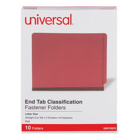 Universal UNV10315 Red Pressboard End Tab Classification Folders, 2" Expansion, 2 Dividers, 6 Fasteners, Letter Size, Red Exterior, 10/Box