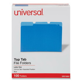 Universal UNV10501 Deluxe Colored Top Tab File Folders, 1/3-Cut Tabs: Assorted, Letter Size, Blue/Light Blue, 100/Box