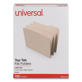 Universal UNV12123 File Folders, 1/3 Cut Third Position, One-Ply Top Tab, Letter, Manila, 100/box