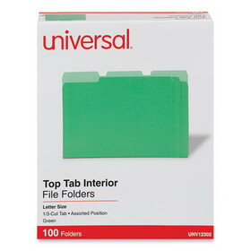 Universal UNV12302 Interior File Folders, 1/3-Cut Tabs: Assorted, Letter Size, 11-pt Stock, Green, 100/Box