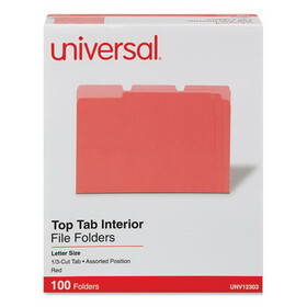 Universal UNV12303 Interior File Folders, 1/3-Cut Tabs: Assorted, Letter Size, 11-pt Stock, Red, 100/Box