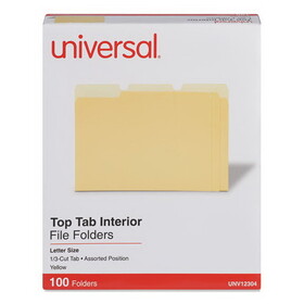 Universal UNV12304 Interior File Folders, 1/3-Cut Tabs: Assorted, Letter Size, 11-pt Stock, Yellow, 100/Box