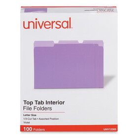 Universal UNV12305 Interior File Folders, 1/3-Cut Tabs: Assorted, Letter Size, 11-pt Stock, Violet, 100/Box