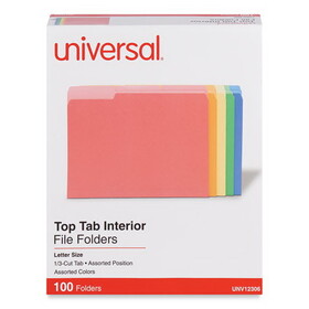 Universal UNV12306 Interior File Folders, 1/3-Cut Tabs: Assorted, Letter Size, 11-pt Stock, Assorted Colors, 100/Box