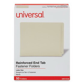 Universal UNV13120 Reinforced End Tab Fastener Folders, 0.75" Expansion, 2 Fasteners, Letter Size, Manila Exterior, 50/Box