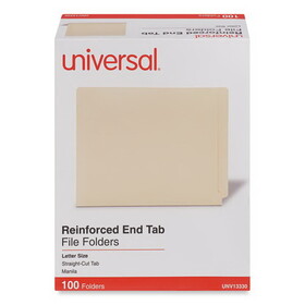 Universal UNV13330 Deluxe Reinforced End Tab Folders, Straight Tabs, Letter Size, 0.75" Expansion, Manila, 100/Box