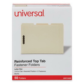 Universal UNV13420 Deluxe Reinforced Top Tab Fastener Folders, 0.75" Expansion, 2 Fasteners, Letter Size, Manila Exterior, 50/Box