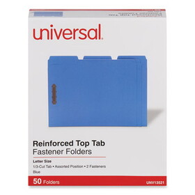 Universal UNV13521 Deluxe Reinforced Top Tab Fastener Folders, 0.75" Expansion, 2 Fasteners, Letter Size, Blue Exterior, 50/Box