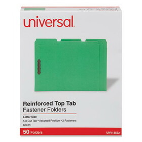 Universal UNV13522 Deluxe Reinforced Top Tab Fastener Folders, 0.75" Expansion, 2 Fasteners, Letter Size, Green Exterior, 50/Box