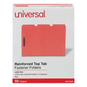 Universal UNV13523 Deluxe Reinforced Top Tab Fastener Folders, 0.75" Expansion, 2 Fasteners, Letter Size, Red Exterior, 50/Box